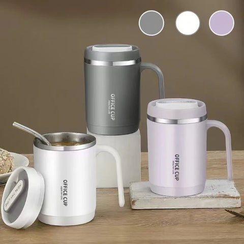 New High Quality Portable 500ML Coffee Cup with Handle and Lid 304 Stainless Steel Breakfast Milk Cup PP Liner Coffee Mug Office