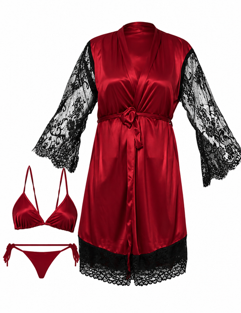 Two Hearts Imported 3-Pcs Satin & Lace Nightwear Set