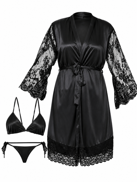 Two Hearts Imported 3-Pcs Satin & Lace Nightwear Set