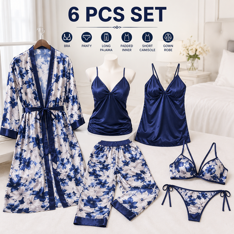 Blue Floral 6 Piece Night Wear Set for Women | Satin Sleepwear Collection